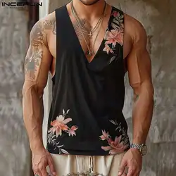 INCERUN Men Tank Tops Flower Printing V Neck Sleeveless Casual Vests Summer Streetwear 2024 Fashion Leisure Men Clothing S-5XL