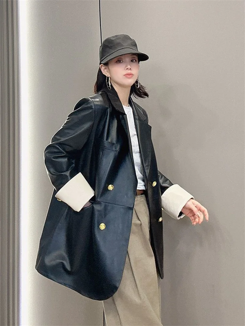 Retro preto jaqueta de couro do plutônio das mulheres outono versão coreana solto casual pequena fragrância estilo cor bloqueada terno para outerwear