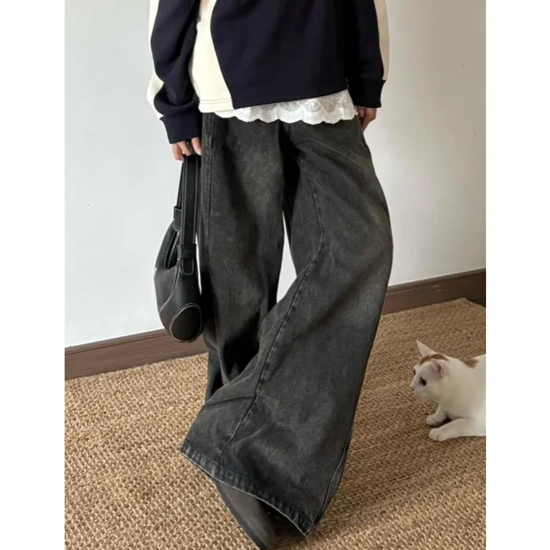 Black Womens Jeans High Waist Vintage Design Hip Hop Straight Baggy Denim Pants Street Y2K American Style Wide Leg Denim Trouser