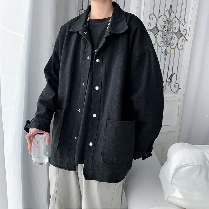 Loose work clothes shirt jacket, male matted student Korean functional hem jacket, Hong Kong style jacket