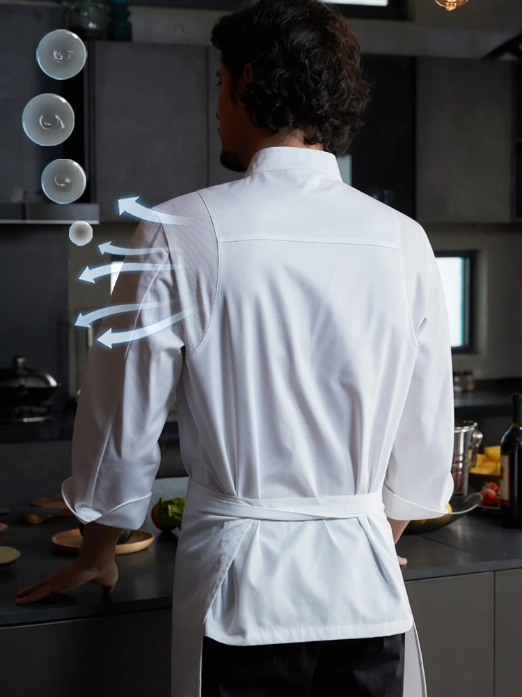 男性用スタイリッシュなシェフコート、半袖または長袖、ホテルやキッチンのコックジャケット、レストランのベーキングウェイターユニフォーム