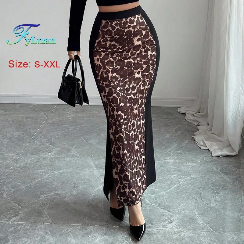 

2026 New Women's Skirt Fashion Leopard Print Splicing High-Waisted Bodycon Skirt Sexy Side Slit Split Tight Fitting Ladies Skirt
