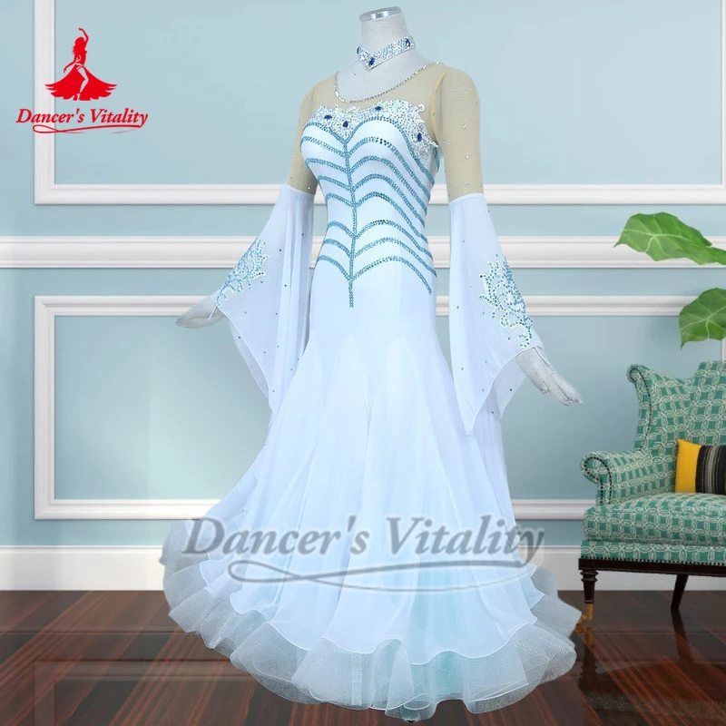 화이트 플레어 슬리브 스탠다드 소셜 댄스 공연 드레스 댄서의 활력 성인 여성 왈츠 대회 의상 목걸이 포함 맞춤 제작