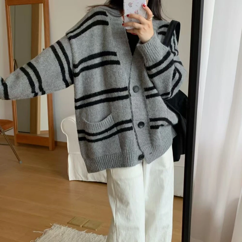 Cardigan listrado com decote em v, suéter solto, jaqueta feminina, novo outono/inverno, casacos de malha com bolso, manga comprida, roupas doces