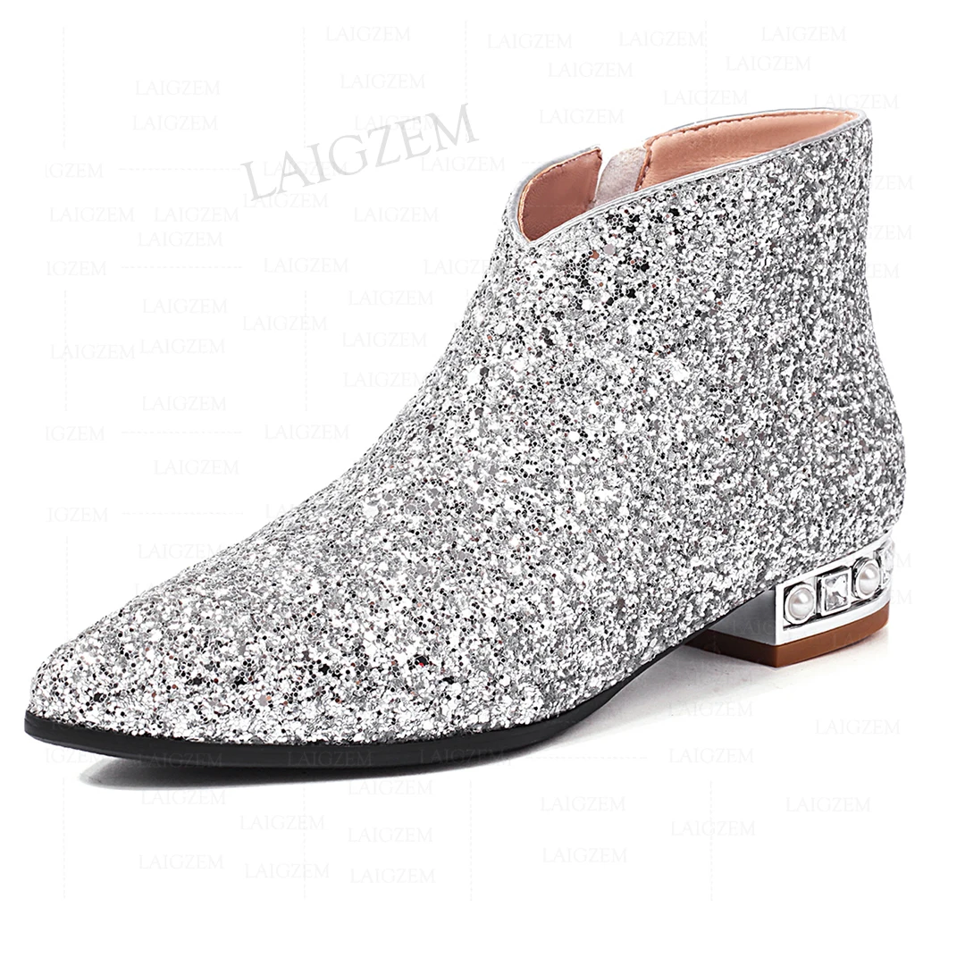 LAIGZEM Women Ankle Boots Glitter 2.5CM Pointed Toe Square Heels Side Zip Up Short Booties Ladies Shoes Woman Big Size 33 47 48