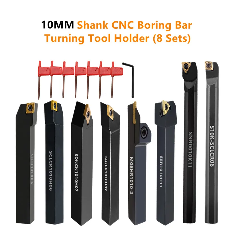 8Sets of 10MM CNC Lathe Turning Tool Holder Boring Bar with Applicable Inserts and Wrenches Set for Turning Threading