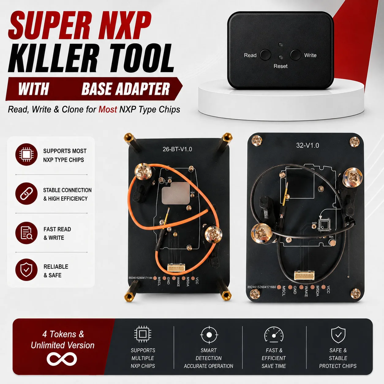 Dispositivo Super NXP Killer Read Copy con base adaptadora para clonar todas las llaves inteligentes NXP, 4 tokens y versión ilimitada.