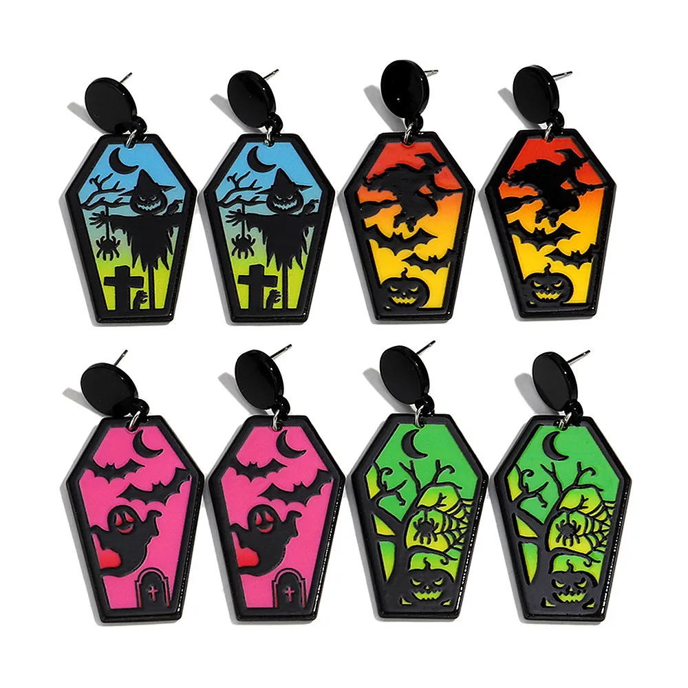 

Halloween Coffin Acrylic Earrings for Women New Gothic Ghost Bat Witch Spider Castle Drop Earring Party Jewelry Hallowmas Gift