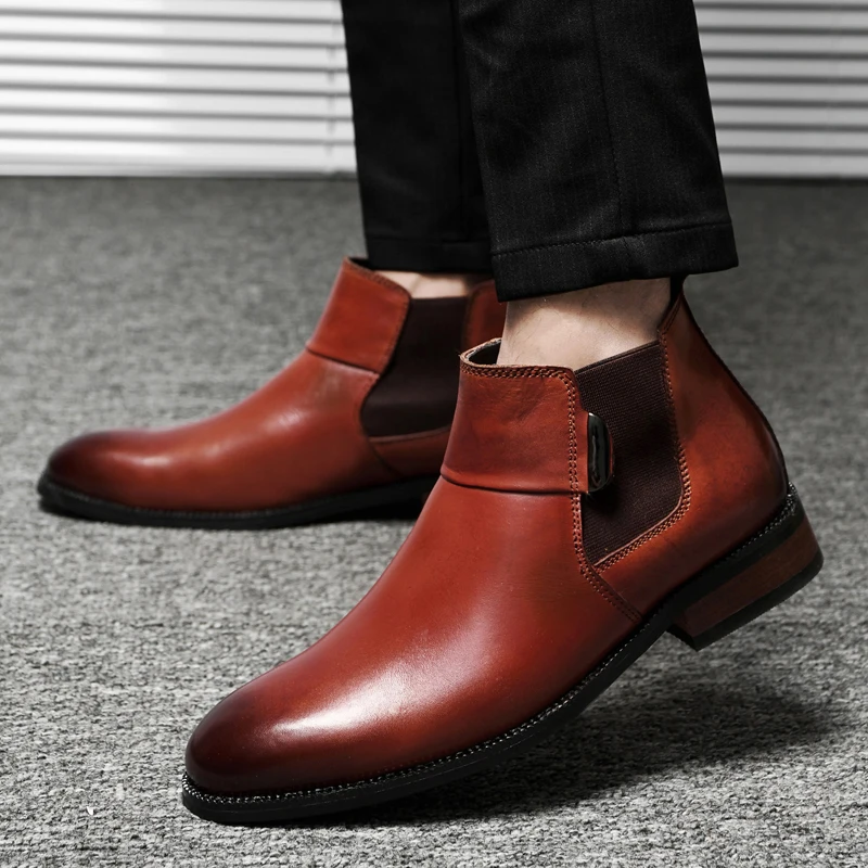 Chelsea Boots Ankle Men Army Warm Elevator Shoes High Increase Insole 6cm Height Winter Business Outdoor Man Cow Leather