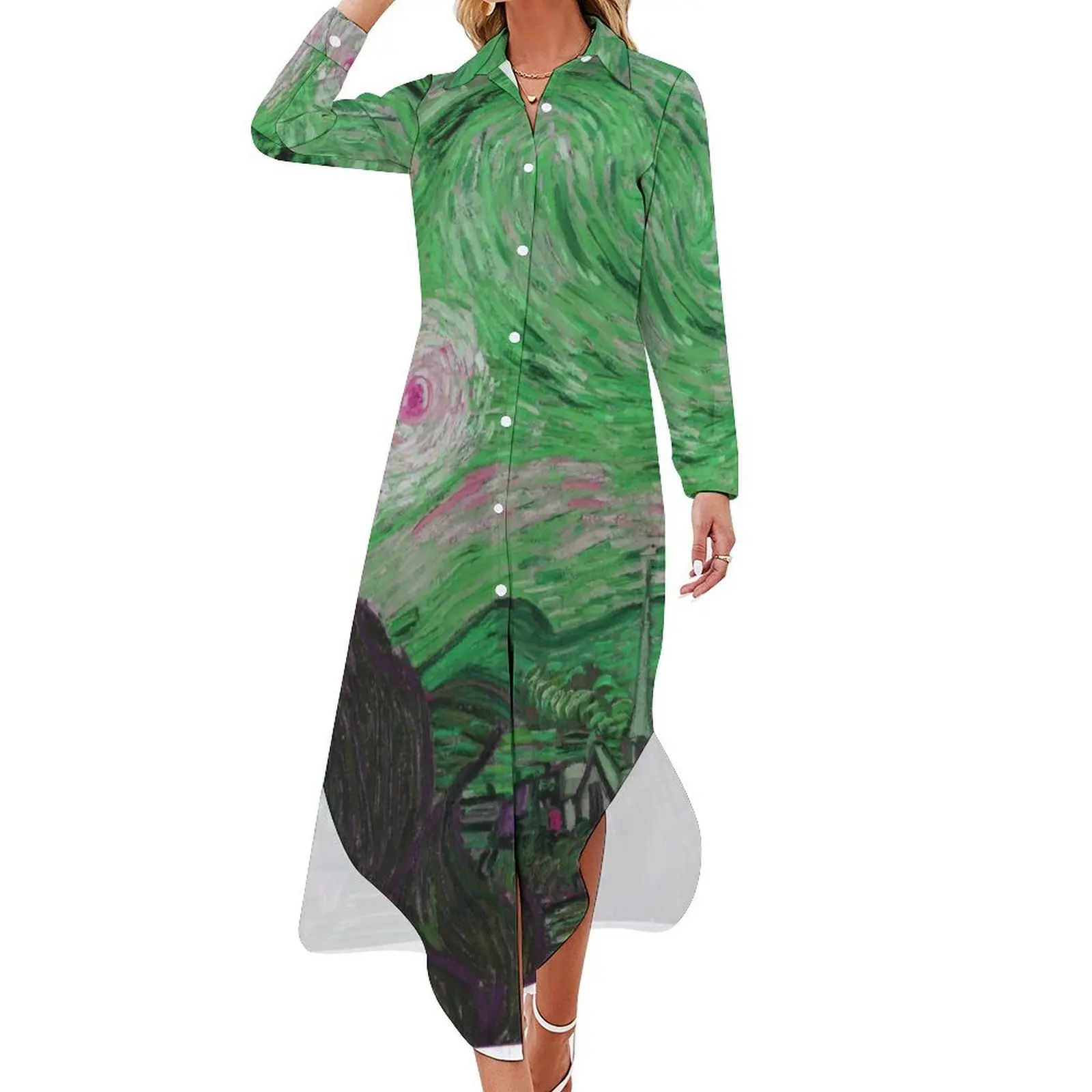 Pink and Green Starry Night Long Sleeved Shirt Dress prom dress 2024 Women's summer suit Beachwear