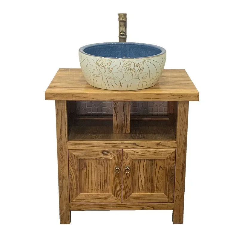 Solid wood floor-to-ceiling antique small apartment on the counter basin, retro old elm Chinese bathroom cabinet combination was