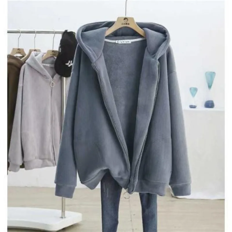 

Hooded for Women Autumn Winter Loose Velvet Thickened Cardigan Zipper Fashionable and Versatile Solid Color Long-sleeved Top