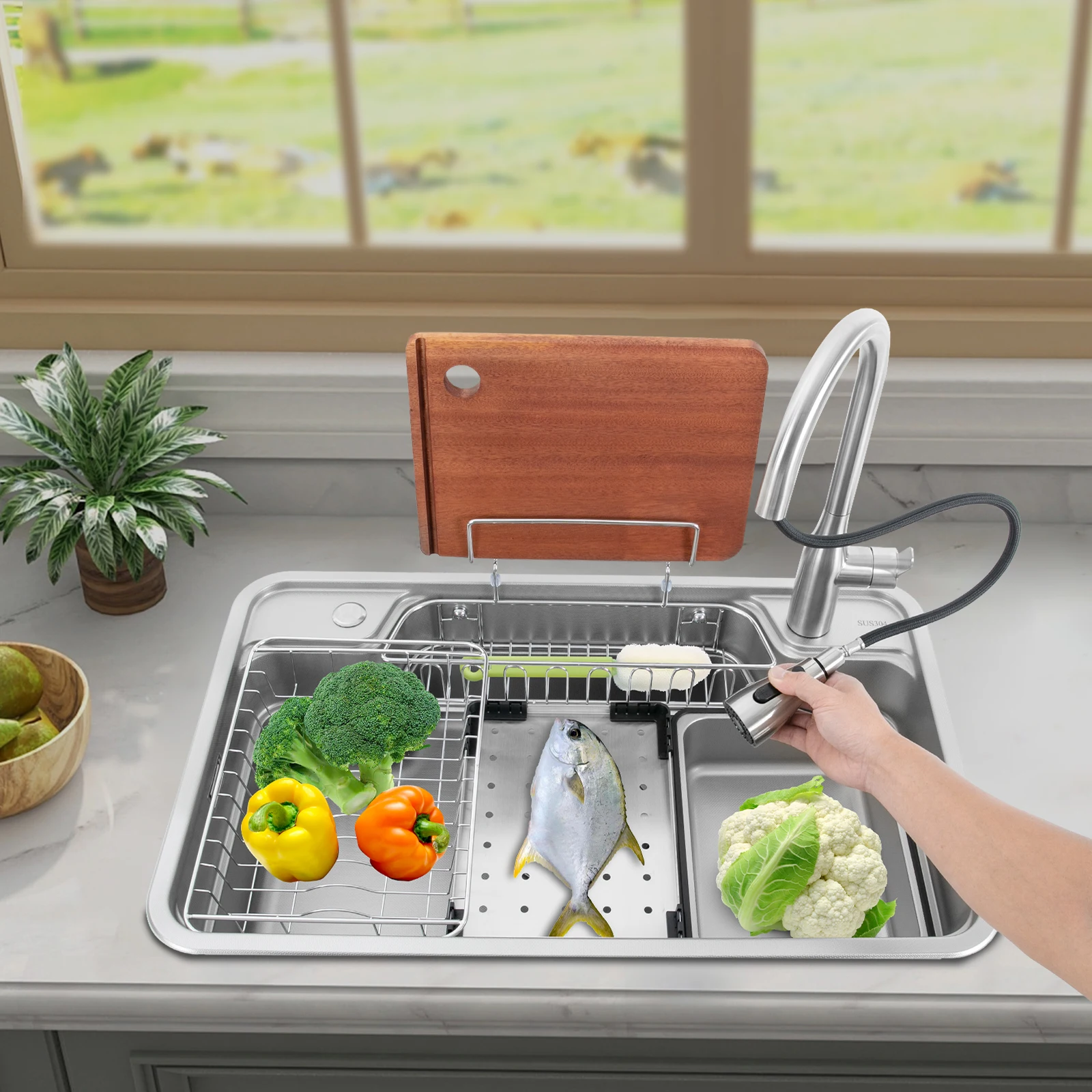 

304 Stainless Steel Kitchen Sink 3 Water Dispensing Mode 74*44cm Vegetable Wash Basin with Faucet Kit & Draining Board