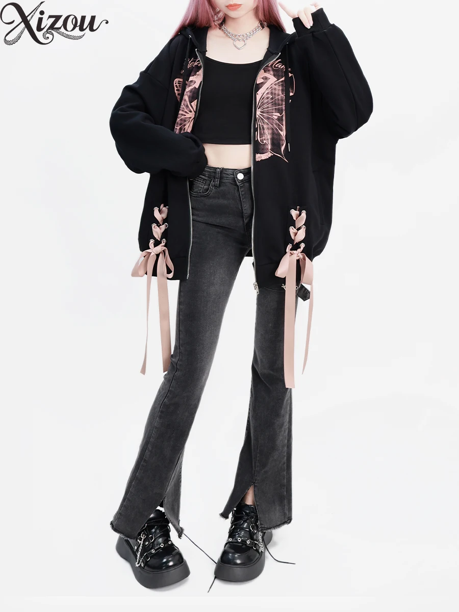 2025 가을 겨울 스웨트셔츠 여성 후드 재킷 루즈 리본 나비 프린트 지퍼 블랙 하라주쿠 스트릿웨어 캐주얼 코트 Y2k