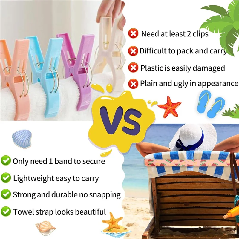 ABWR-Рюмки для пляжных полотенец, 10 упаковок лент для полотенец для пляжного круизного кресла, зажимы для полотенец 12 х 2 дюйма, для хранения пляжных полотенец, лето
