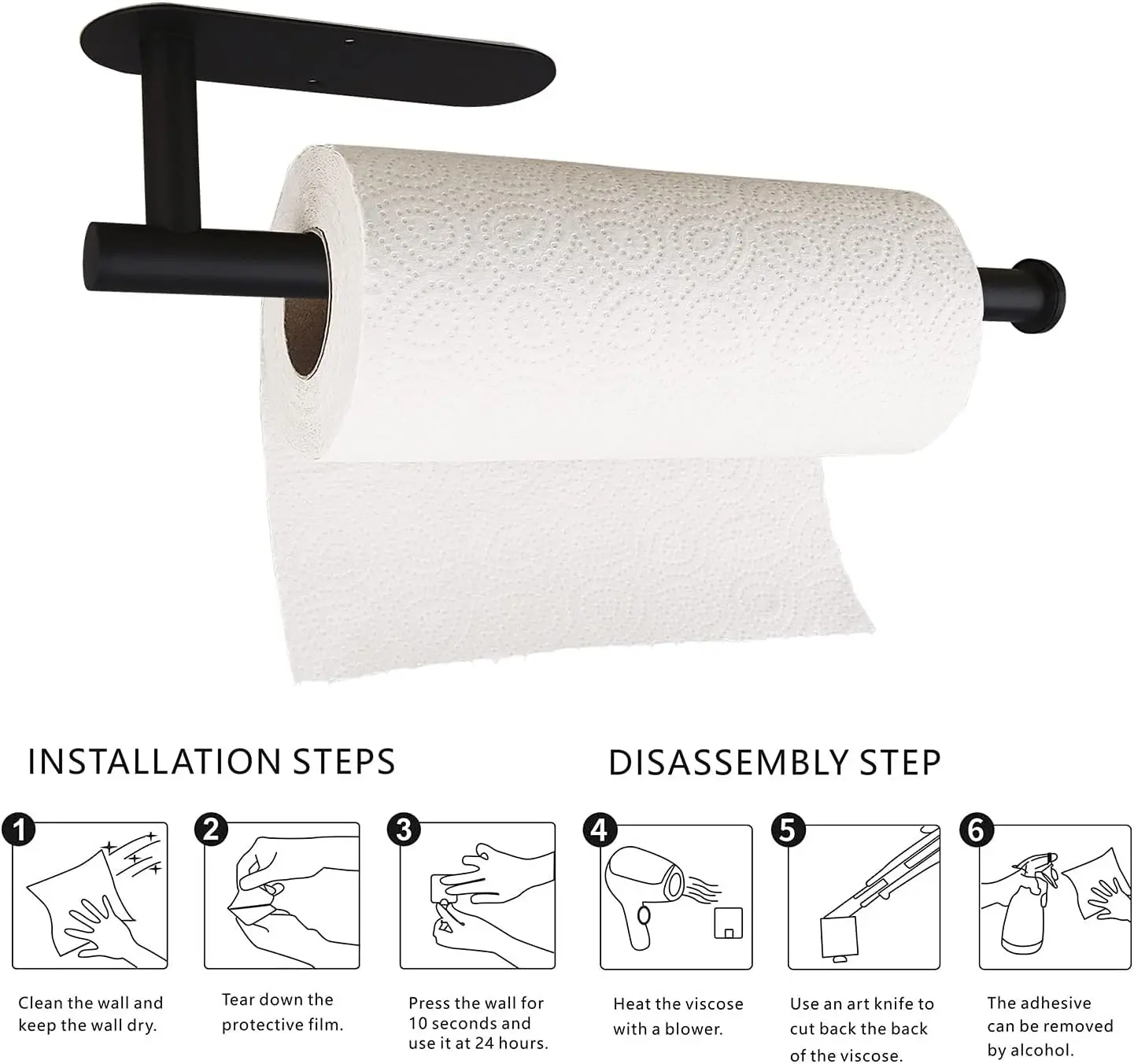 Paper Towel Holders-Blcak,Paper Towels Rolls - for Kitchen,Paper Bulk- Self-Adhesive Under Cabinet