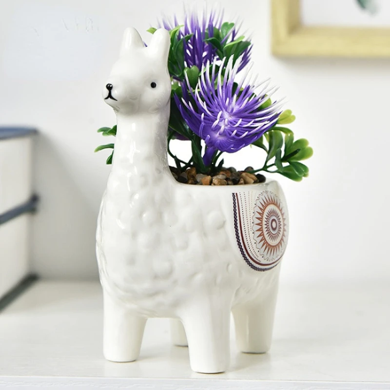 Cute Animal Flowerpot Fleshy Flowerpot Ceramic Imitation Alpaca Sculpture Flowerpot Desktop Living Room Fleshy Flowerpot
