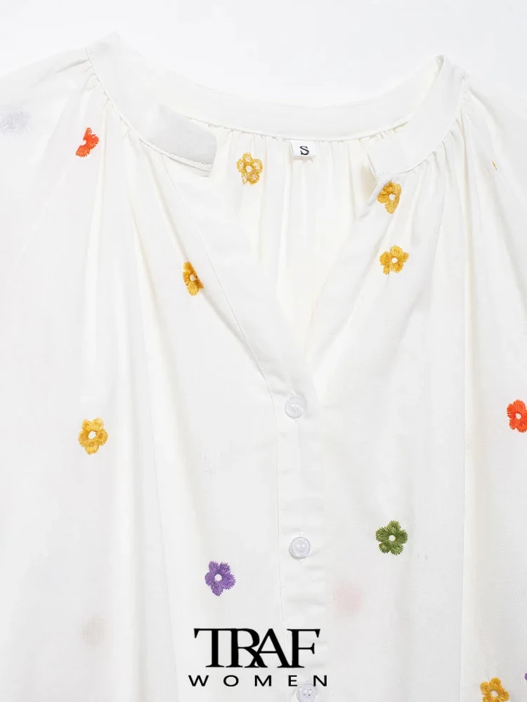 TRAF-Women\'s Floral Embroidery Loose Blouses, V Neck, Lantern Sleeve, Female Shirts, Chic Tops, Fashion