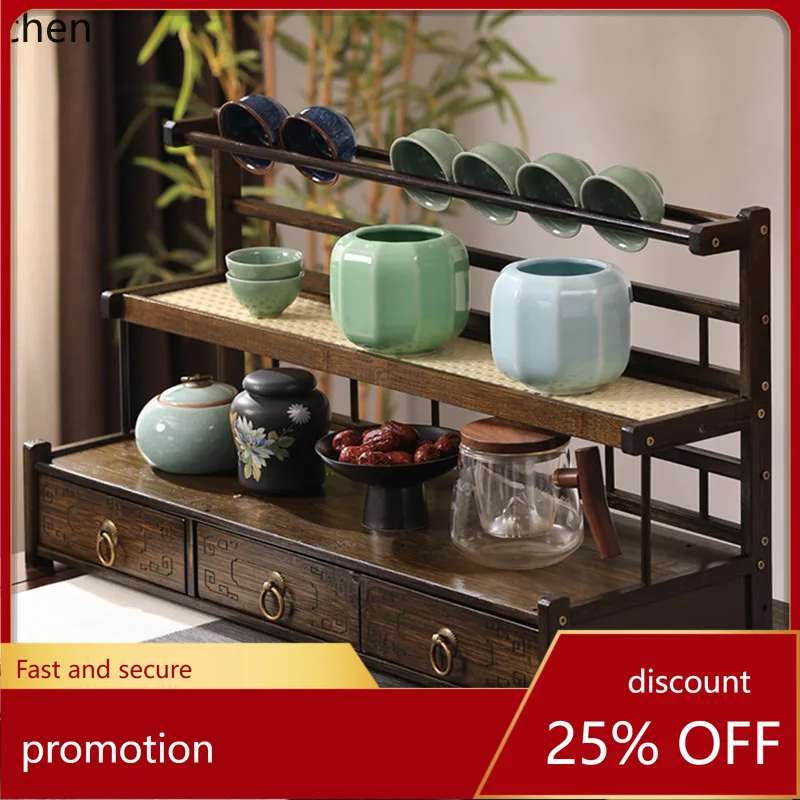 HT Desktop Bogu Rack New Chinese Style Tea Set Tea Cup Storage Rack Small  Multifunctional Zisha Teapot Organizer Shelf