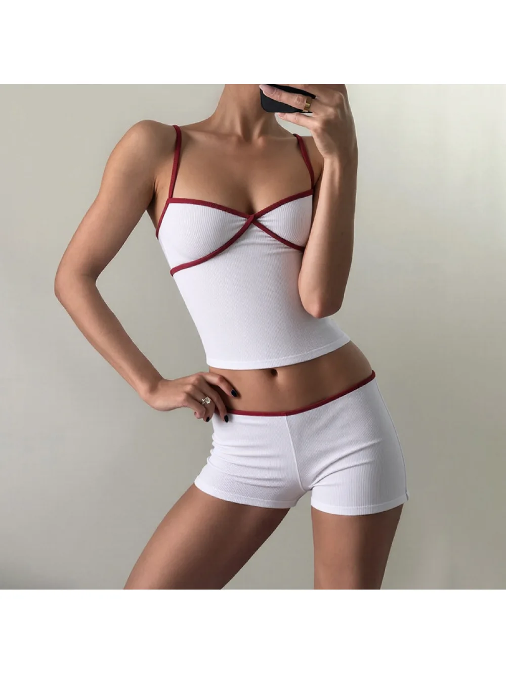 2026 new summer women's clothing pure desire spicy girl V-neck tank top contrasting color casual simple versatile shorts set INS view 4