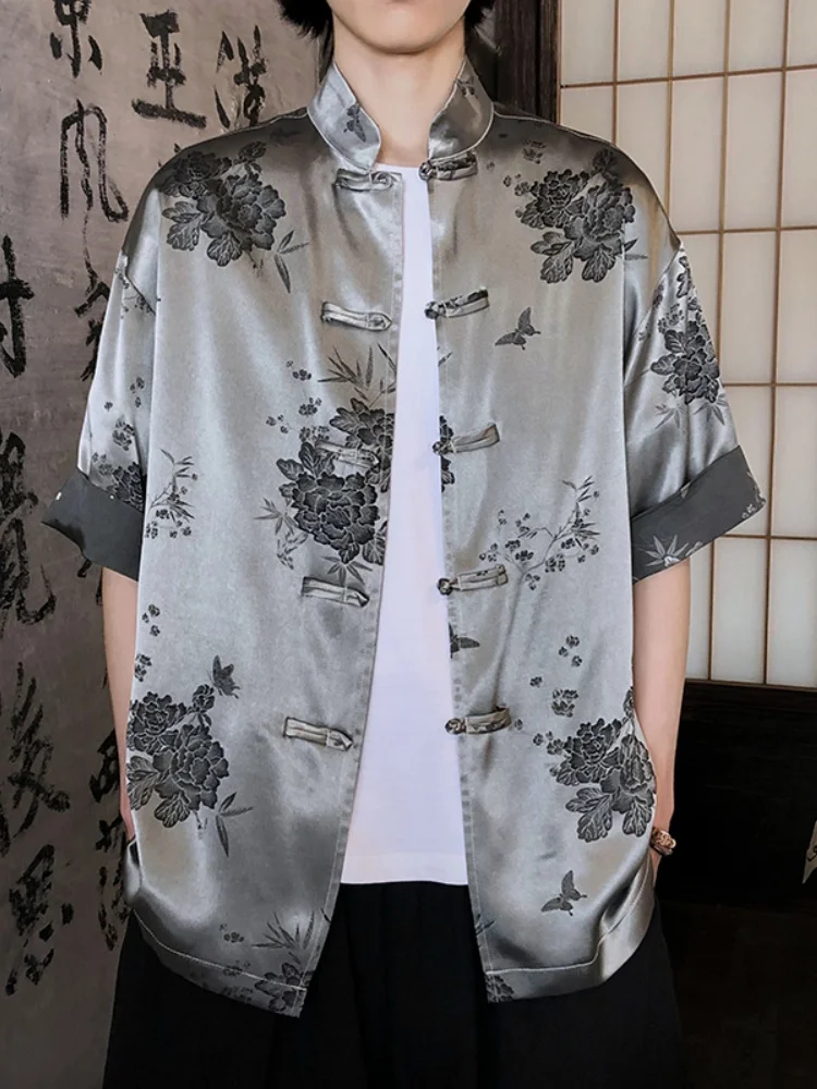 

New Chinese Style Embroidered Short Sleeve Shirt Men's Summer Fashion Retro Brand Button Design Color Block Top Ice Sensation...