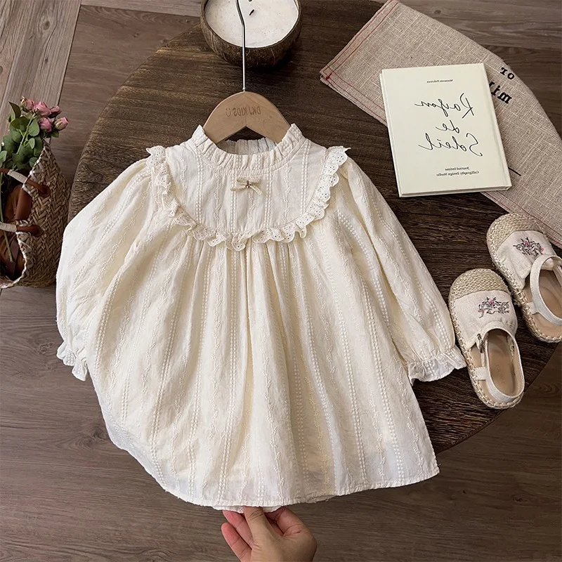 

Children's Dress New Spring and Autumn Girls Korean Style Fashionable Elegant Personality Forest Style Lace Trim Hollow Out Dres