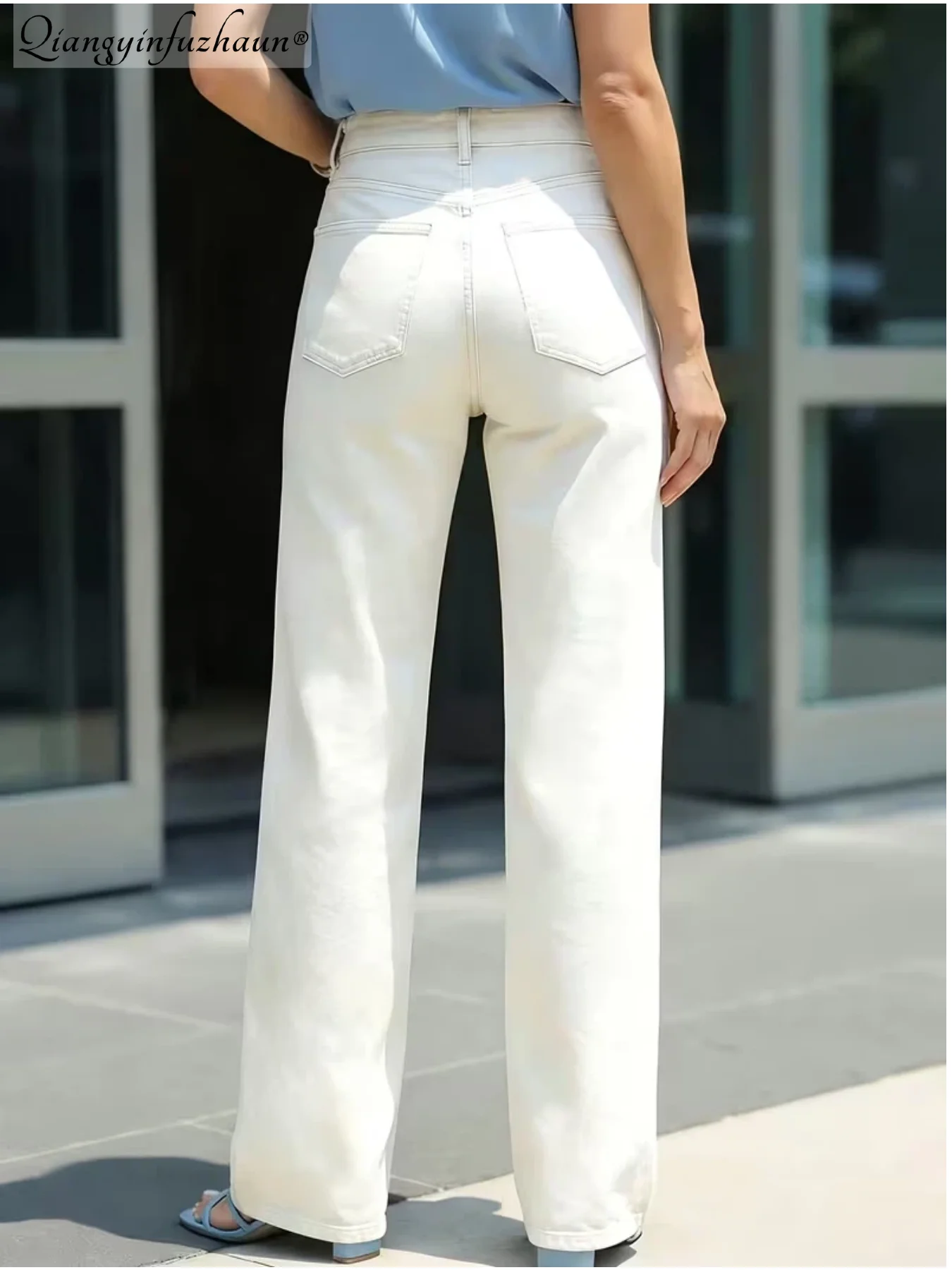 White washed soft denim high-waisted women's pants - Spring/Summer loose-fitting, drapey straight-leg pants that flatter the fig