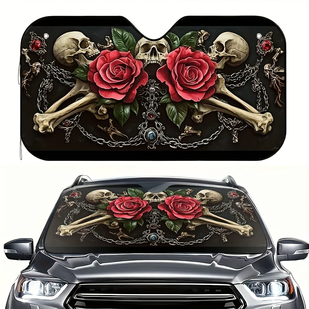 1pc Halloween Rose Skull Design Car Windshield Sun Shade Universal Fit for Front Windows Keeps Your Vehicle Cool Stylish