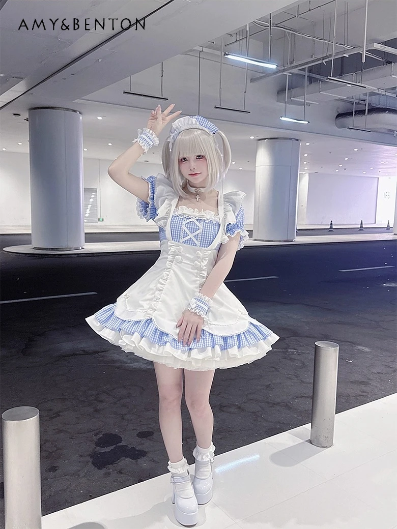Costume de Cosplay de demoiselle d'honneur Original, Lolita, doux et mignon, à volants, manches courtes, col carré, Mini robe à carreaux, robe bouffante gothique sous-culture