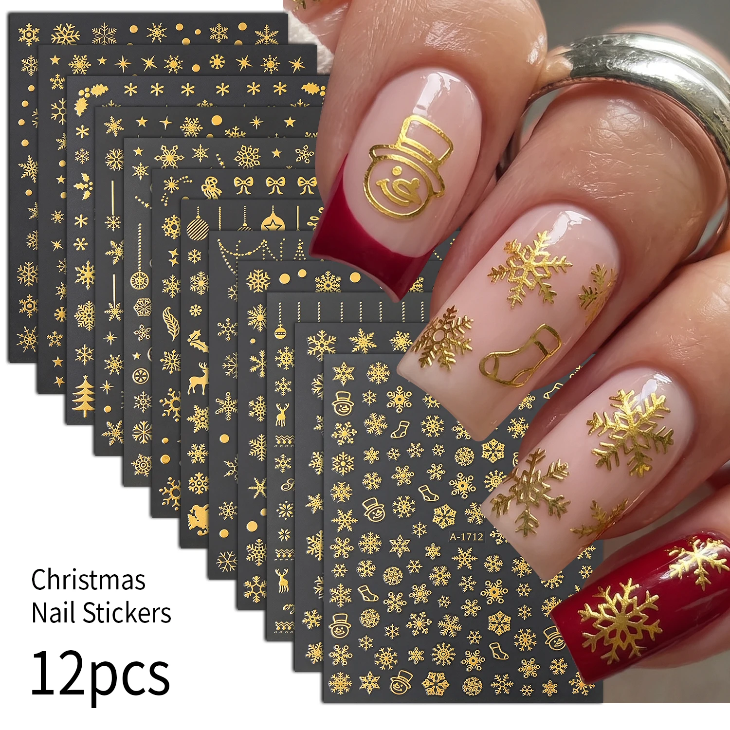 12Pcs Gold Snowflake Elk Christmas Nail Art Sticker 3D Bronzing Star Snowball Snowman Nail Decals Winter Xmas Manicure Decoratio