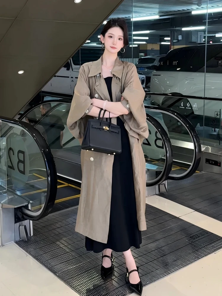 

Trench Coat Buttoned To The Top Woman Clothing Single Row Buckle Mid Length Versatile Outwear Suede Brown Leather Zipper