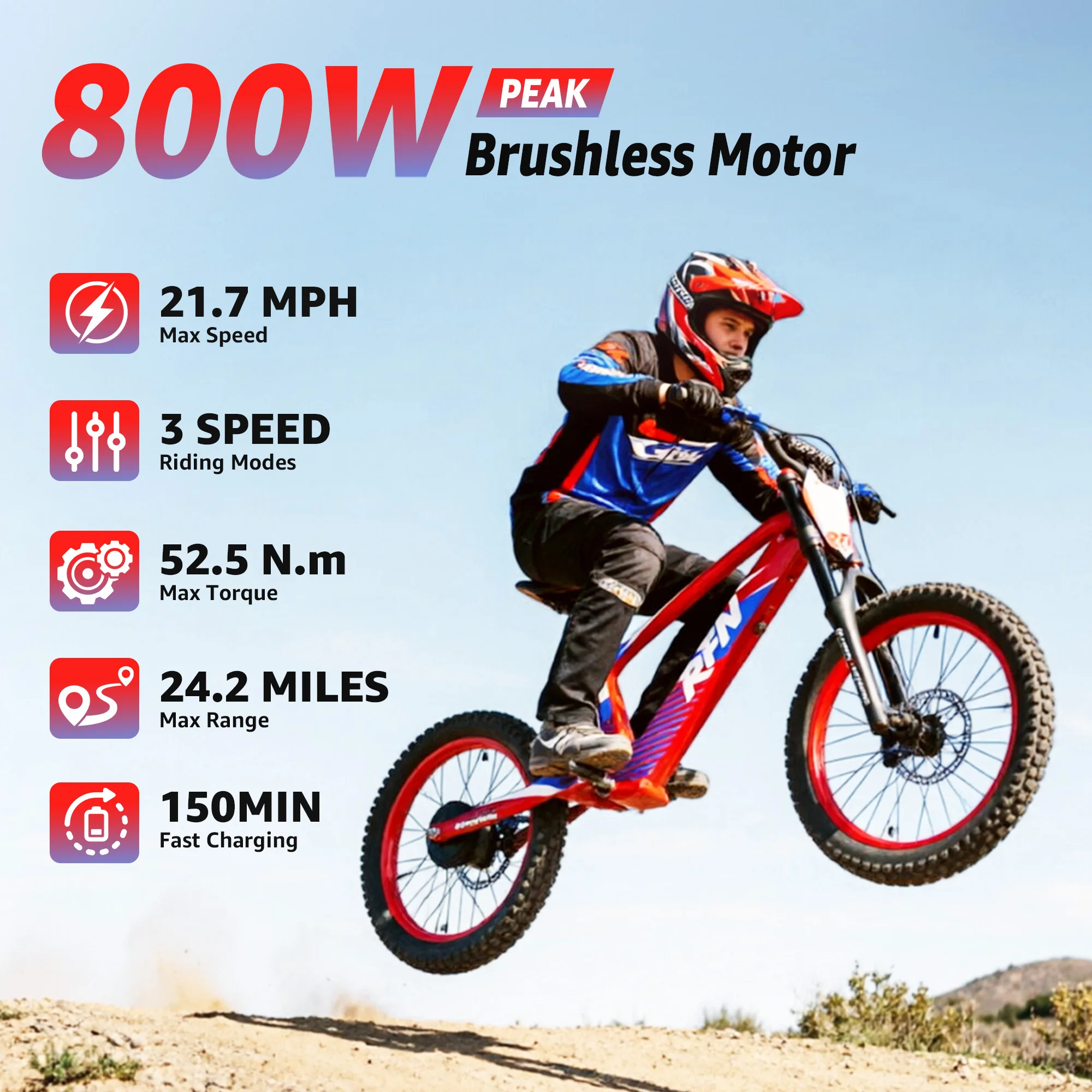 RFN EVO20 RACING Kids Electric Bike 12+ Years Old 800W 3-Speed 36V 7.5Ah 20 Inch Tire - Children's Electric Bicycle