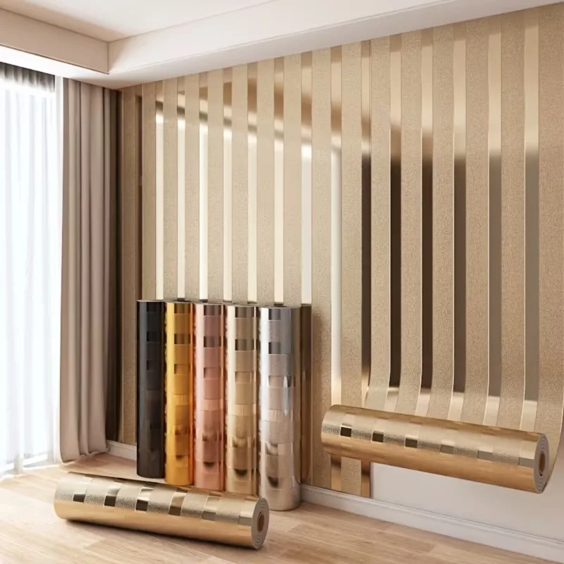 Shimmering Metallic Gold Striped Peel Stick Wallpaper Self Adhesive Luxury Wall Panel for Elegant Living Room Bedroom Decor