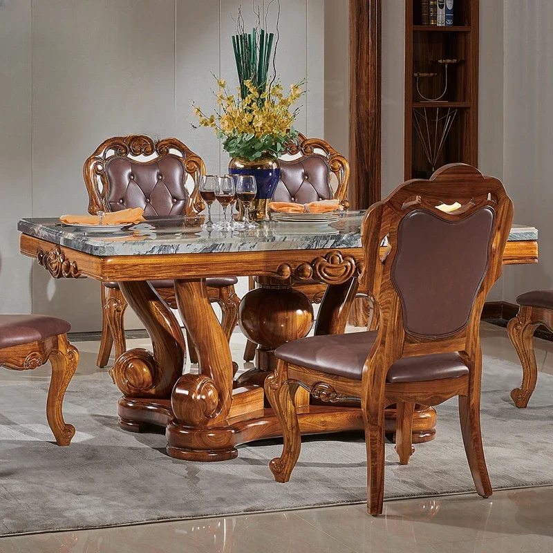 Carved luxury dining table with solid wood and natural marble long