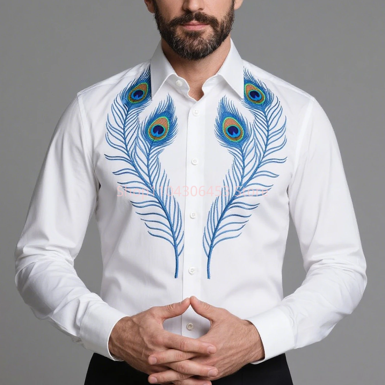 秋メンズ白シャツ孔雀の羽プリントシャツハワイアンカジュアル長袖ラペルシャツビジネスシンプルパーティーフォーマルトップ