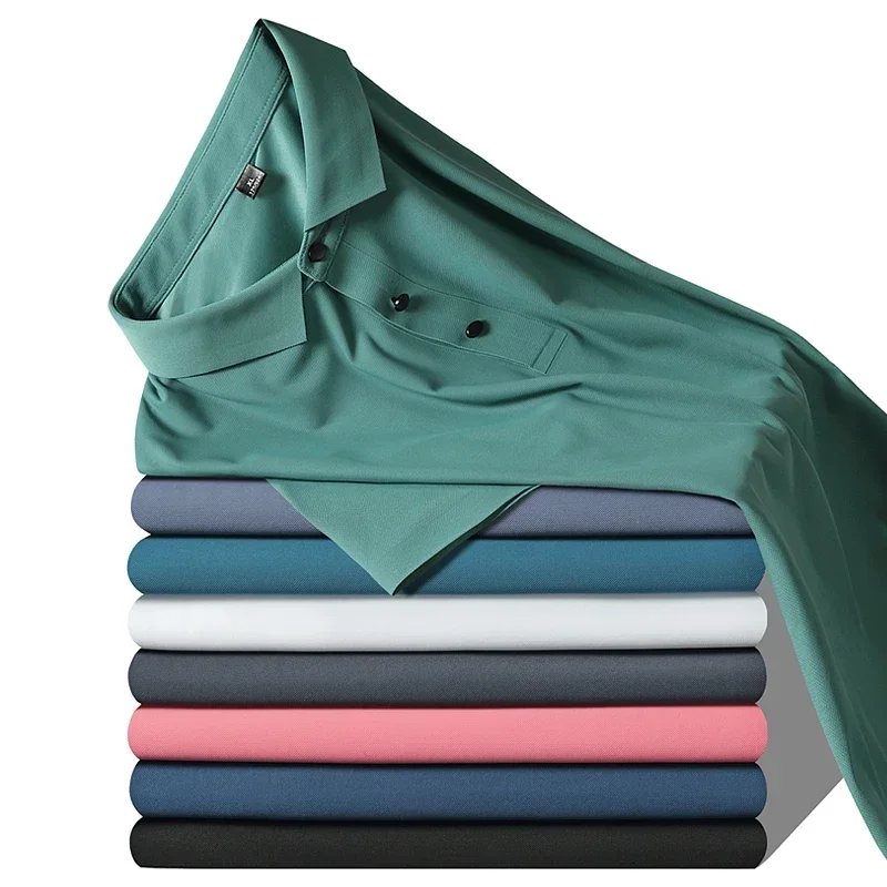 Summer Ice Silk Polo Shirt High-End T-Shirt Solid Color New Half Sleeve Non-Marking Casual Lapels Business Thin Menswear 7XL 8XL