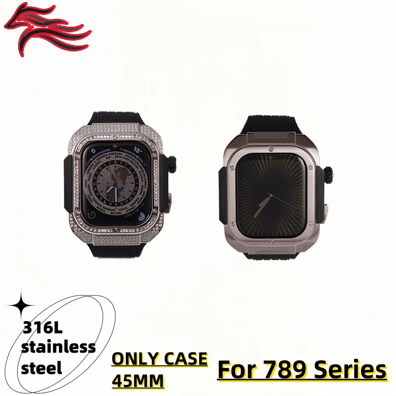 Mossea Brand for Apple Watch Silver Case Suitable 45mm IWatch Metal Stainless Steel Case Soft Silicone Strap 7 8 9 Series