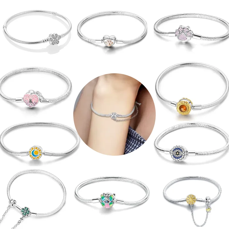 

100% s 925 sterling silver original beaded Bracelets women's Cat Paw Charm Jewelry Gift Women Birthday sea heart Turkish eye