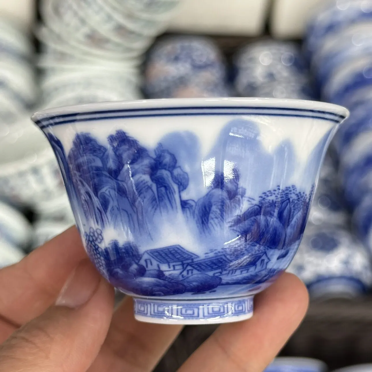 Blue and White Porcelain Landscape Tea Tasting Cup Single Cup Cup Single Ceramic Tea Bowl Tea Bowl Small Cup