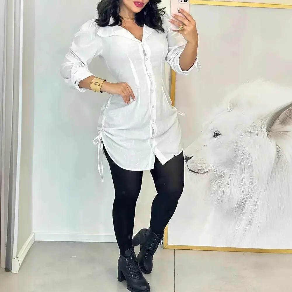 

Платье-рубашка с гофрированным шнурком по бокам, женское мини-платье с длинным рукавом, сексуальное белое однотонное летнее однобортное платье