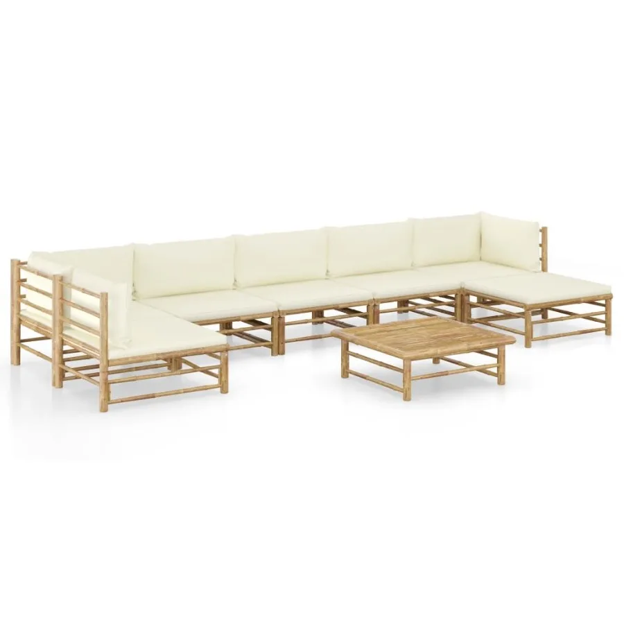

8 Piece Patio Lounge Set with Cream White Cushions Bamboo