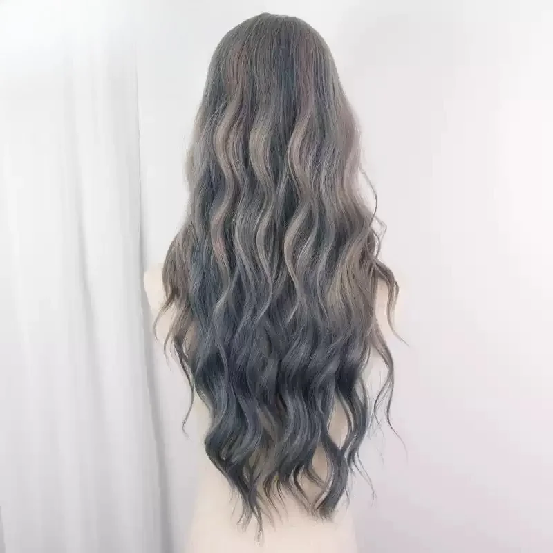 Grey Blue Highlight Long Woolly Curly Synthetic Cosplay Wig, Full‑Head Wig for Halloween Event Party Cos Costume Role‑Playing