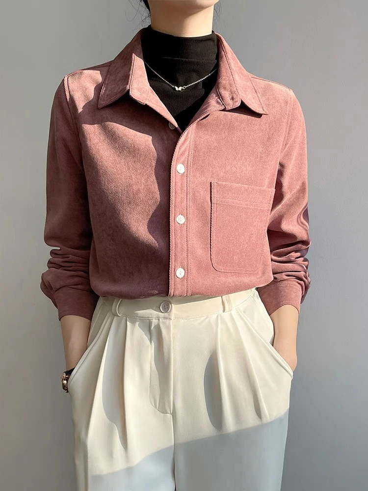 

Pink Brushed Corduroy Shirt Women's Autumn Winter New Early Spring Elegant Top Layered Wear Base Shirt Korean Style Loose Fit