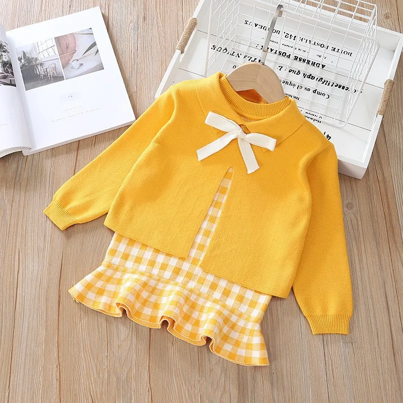 Spring Autumn 1-6Y Girls 2PCS Clothes Set Bowknot Front Slit Kids Girls Smock Sweater Plaid Lace Hem Girls Sleeveless Dress Suit