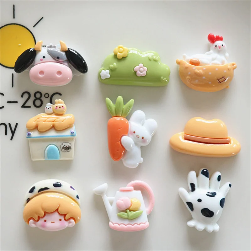 10Pcs Catoon Glossy Farm Series Flat Back Resin Cute Rabbit Cow Chicken Handmade Decoration Patch DIY Scrapbook Crafts Embellish