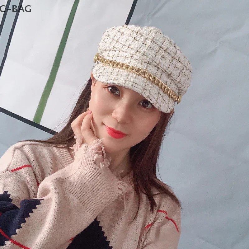قبعة نسائية مسطحة بسلسلة لؤلؤية، قبعة عصرية، قبعات موزع الصحف، قبعات مثمنة، ملابس نسائية مصممة، الخريف، الشتاء #5