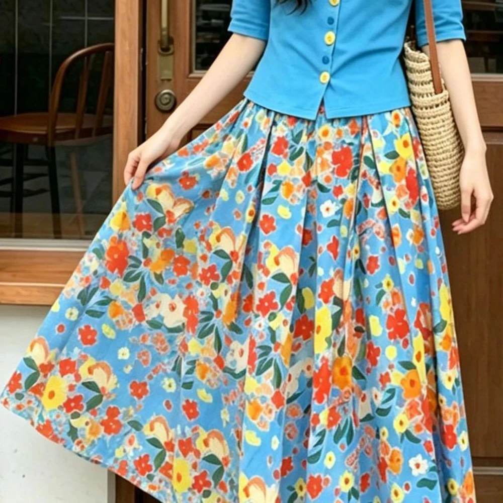Summer new fresh dopamine foreign gas thin knitted cardigan original light luxury floral skirt suit women