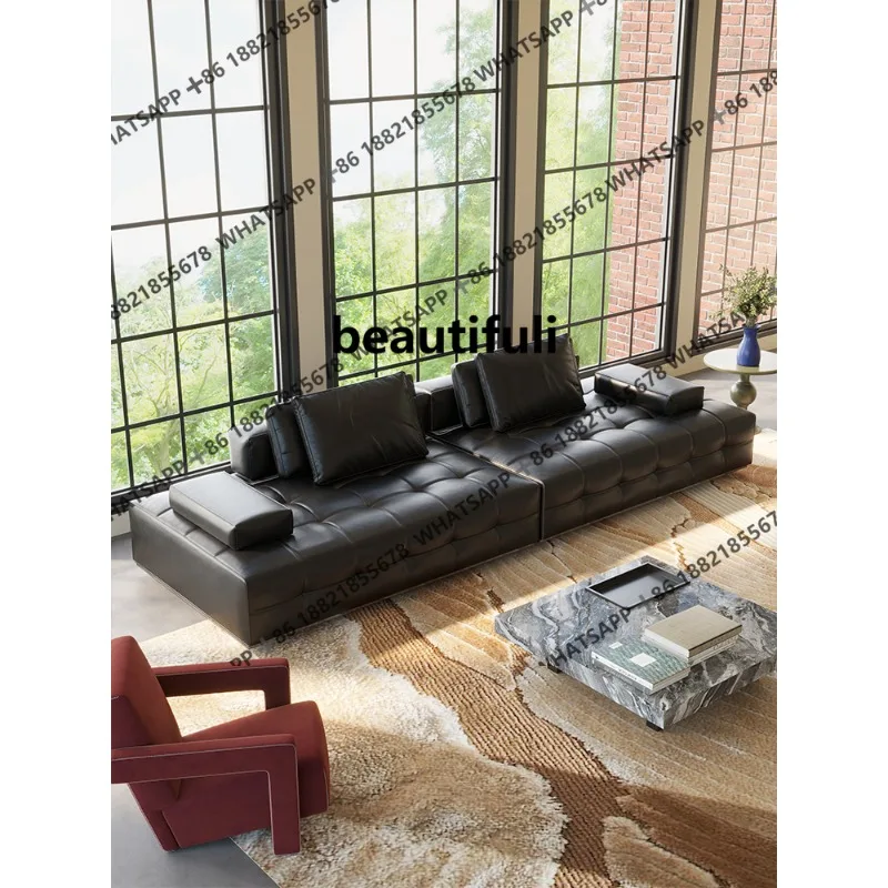 Minimalist all leather, sofa large apartment living room floor simple black modern high-end leather sofa