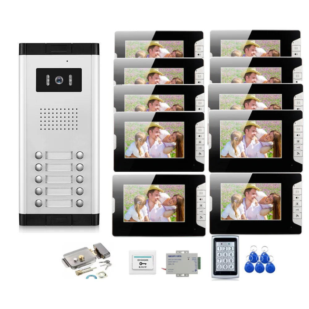 2-12Unit อาคารวิดีโอ Intercom 7 "Video Doorbell ระบบกล้องสําหรับ Apartment ป้องกันรหัสผ่าน RFID ปลดล็อกโทรศัพท์ประตูวิดีโอ