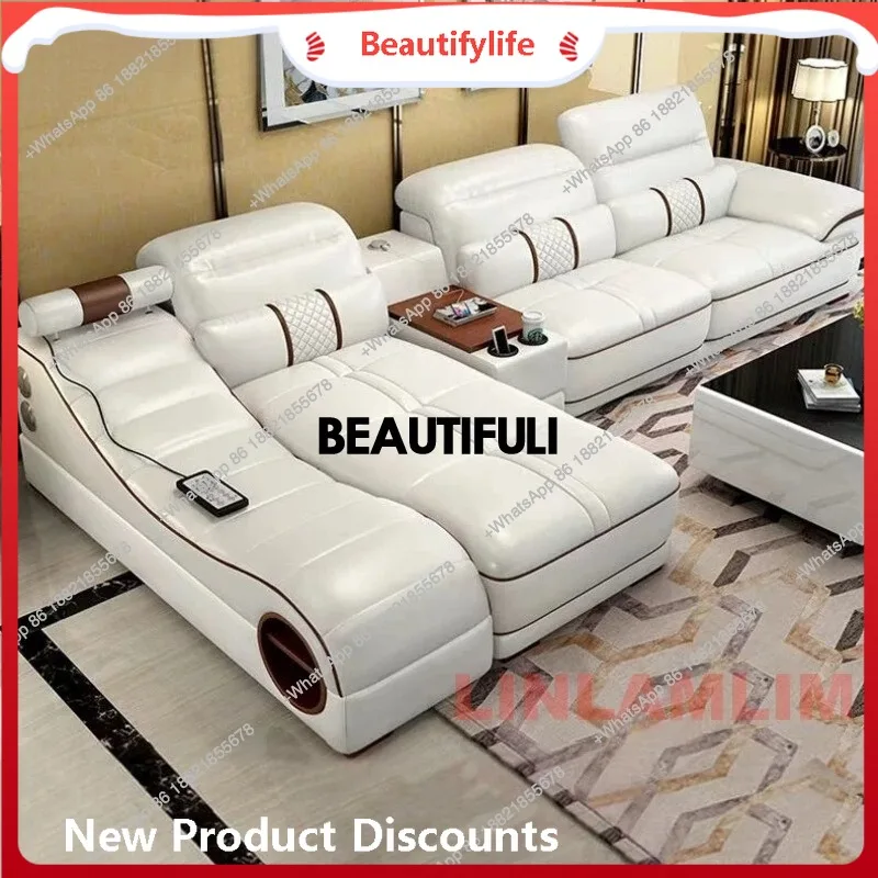 a48 Modern Luxury Sectional Sofa Set with Chaise Lounge – Italian Genuine Leather Couch with Speakers, USB Port & Storage